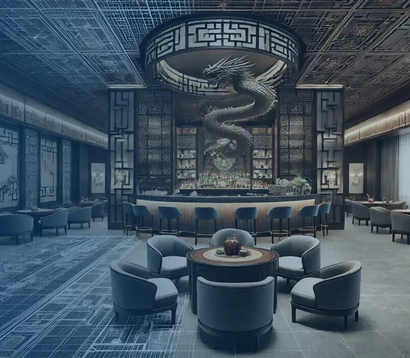 Salón de restaurante con candelabros y mesas redondas en tonos azules