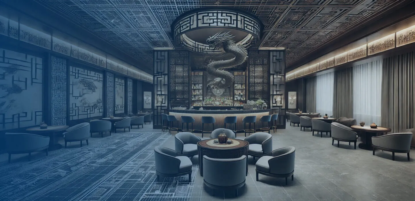 Salón de restaurante con candelabros y mesas redondas en tonos azules