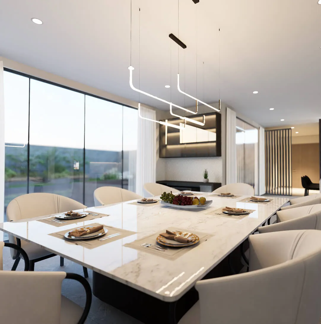 Comedor blanco con mesa grande, sillas y lámpara circular