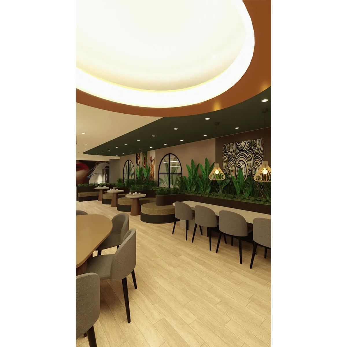 Interior con mostrador y plantas en tonos cálidos