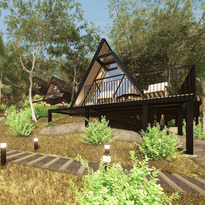 Cabaña en forma de A rodeada de jardín