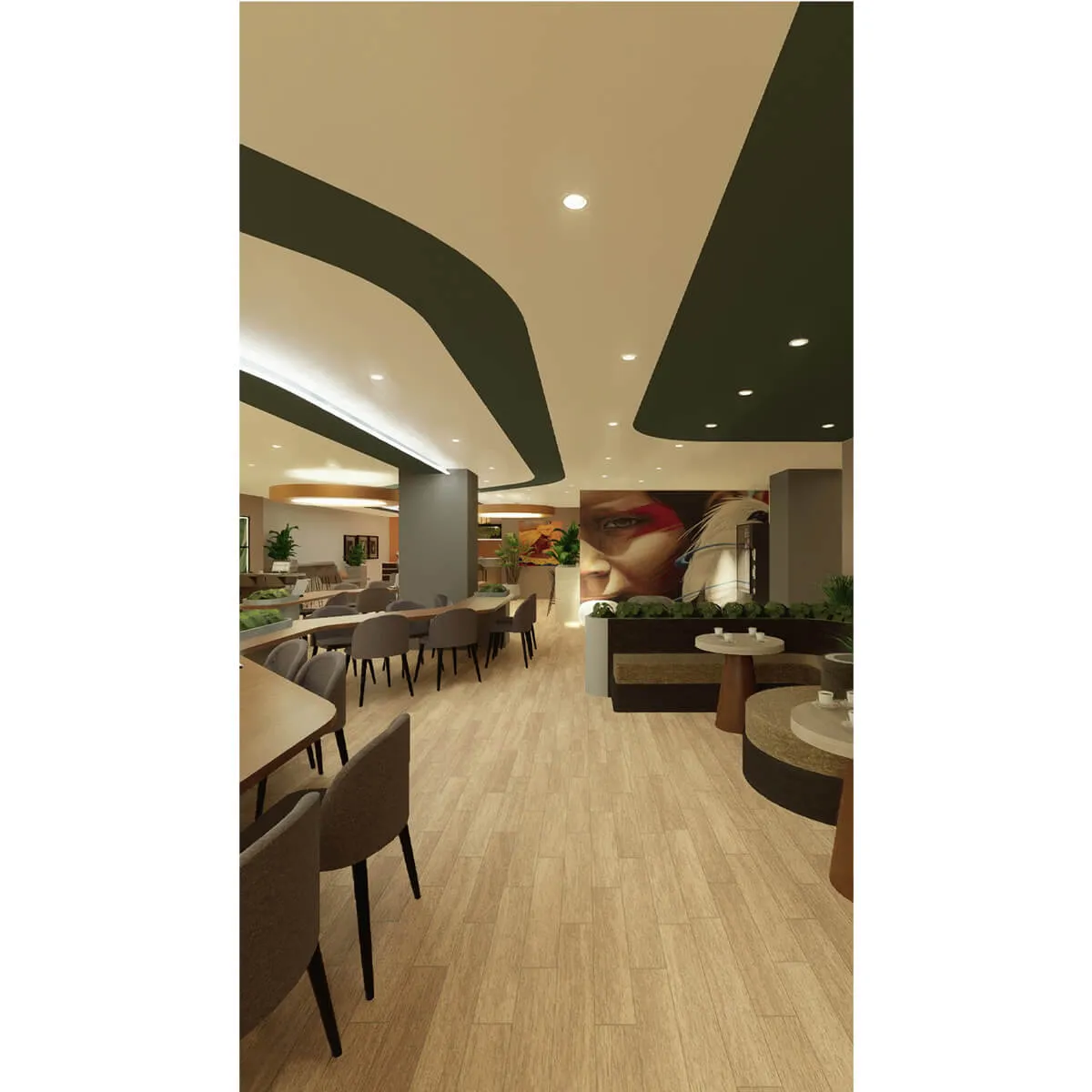 Interior de local con madera y barra iluminada