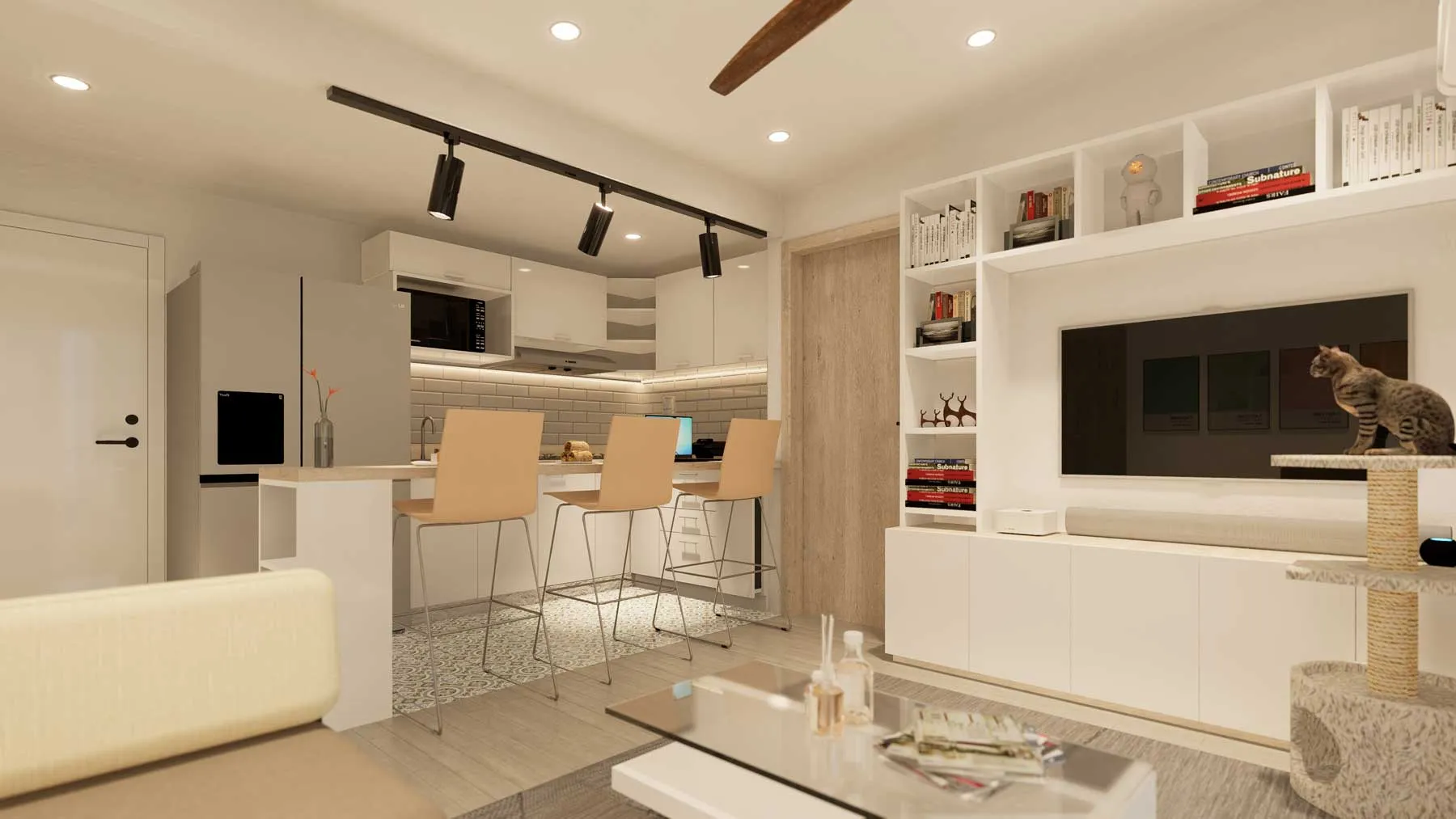 Sala con televisor, estantería y comedor luminoso
