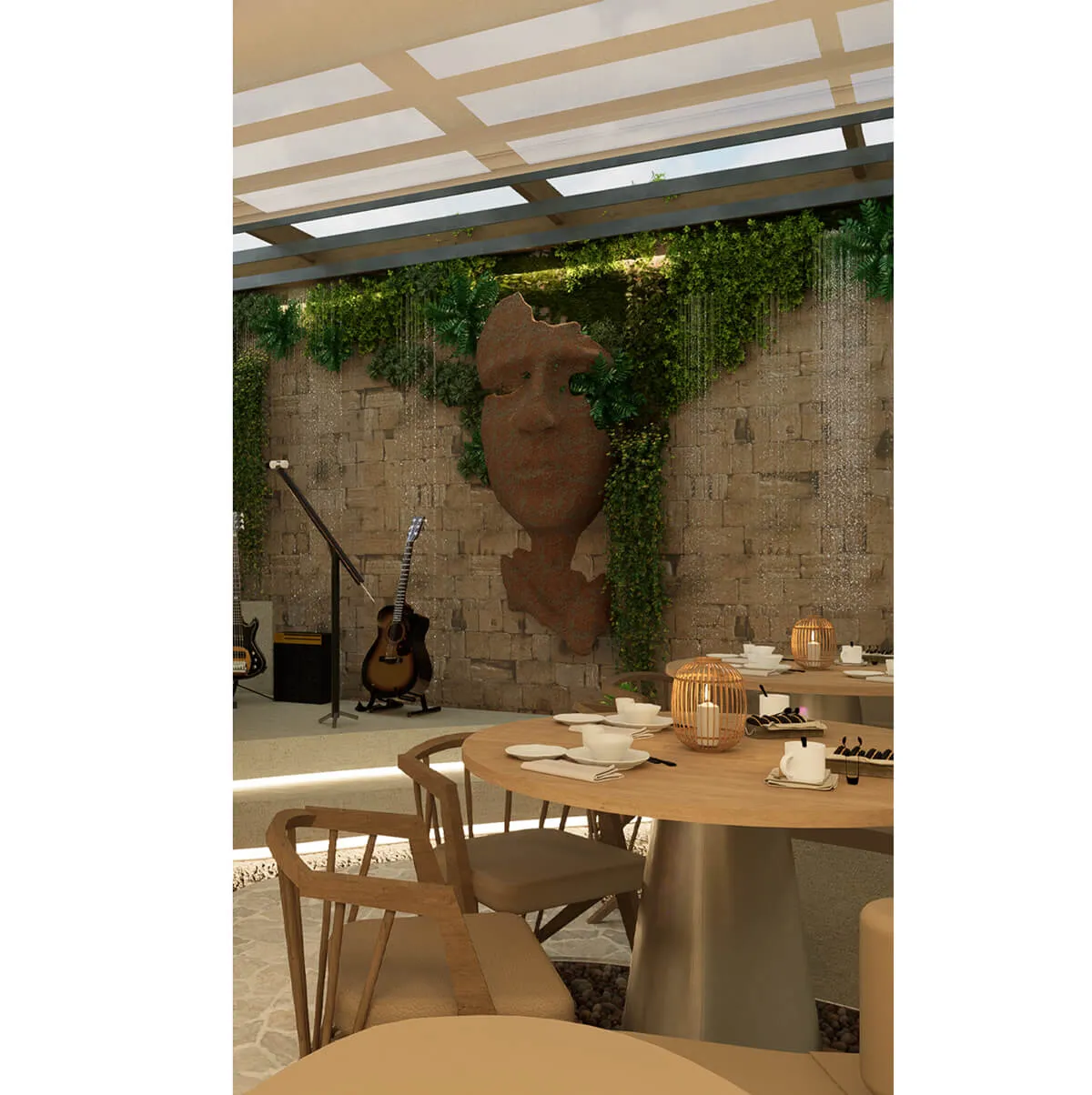 Terraza interior con madera, plantas y ambiente acogedor